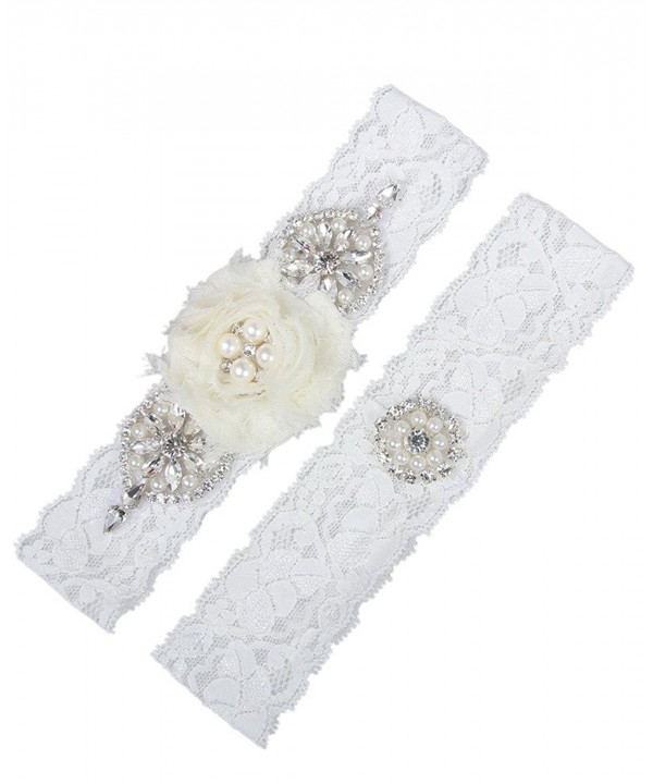 Wedding Bridal Garter Set Lace with Rhinestones and Chiffon Flowers ...