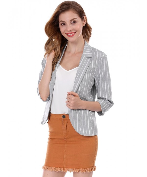 Women's Striped 3/4 Sleeves Open Front Notched Lapel Blazer - Gray ...