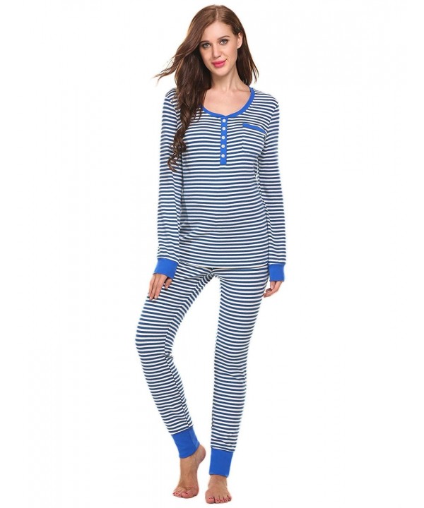 Women's Cotton Fitted Striped Long Sleeve Henley Two-Piece Pajama Set S ...