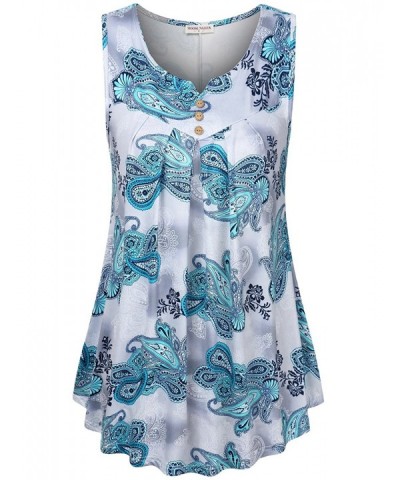 Women's Paisley Printed Pleated Front Sleeveless Summer Tunic Tank - Blue Flower - CK180M6IXY3