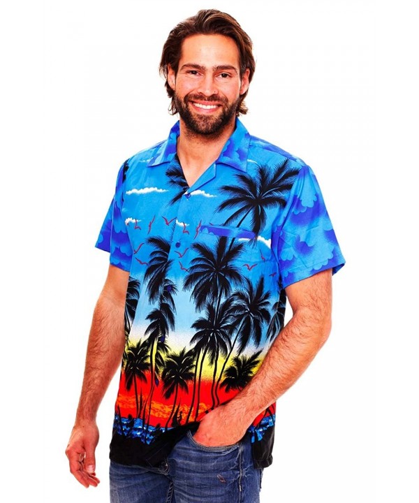 Funky Hawaiian Shirt For Men Short Sleeve Front-Pocket Beach Palm Blue ...
