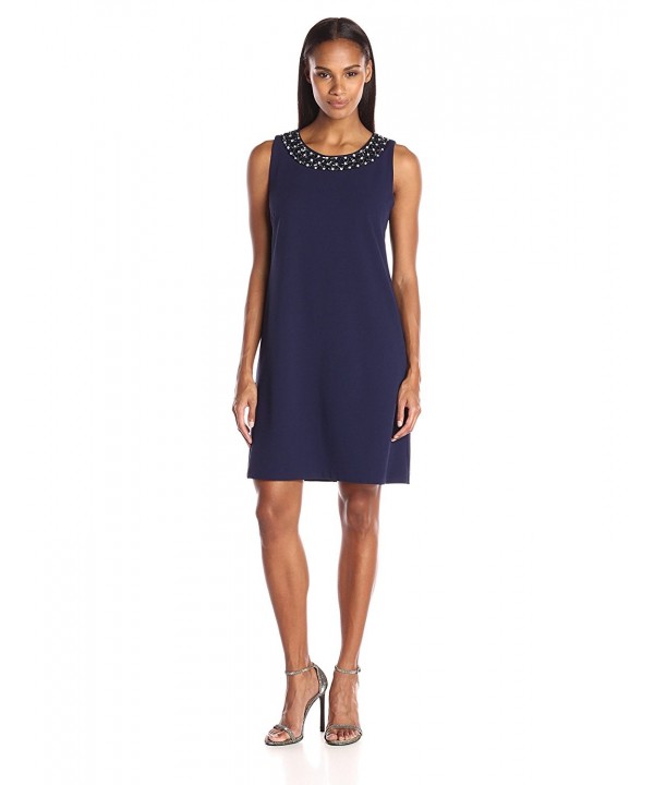 Women's Necklace Sheath Dress - Navy - CW12FA6G891