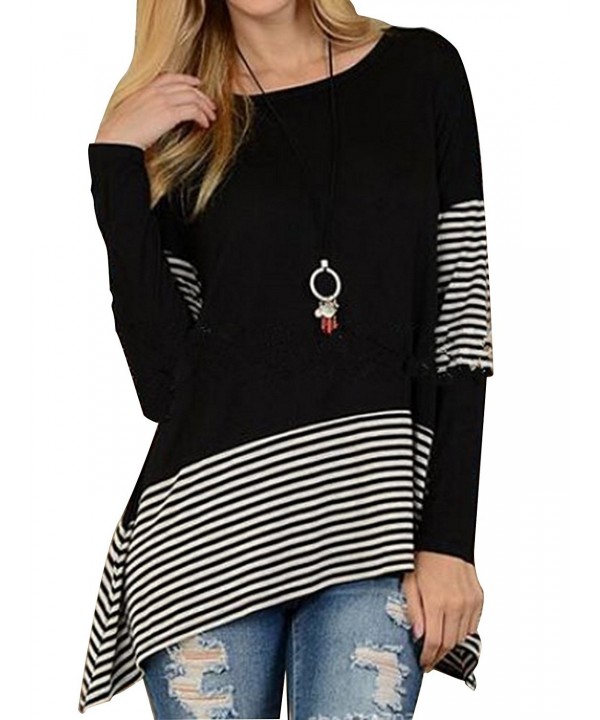 Women's Stripes Asymmetrical Long Loose Flowy Tunic Tops Shirt - Black ...