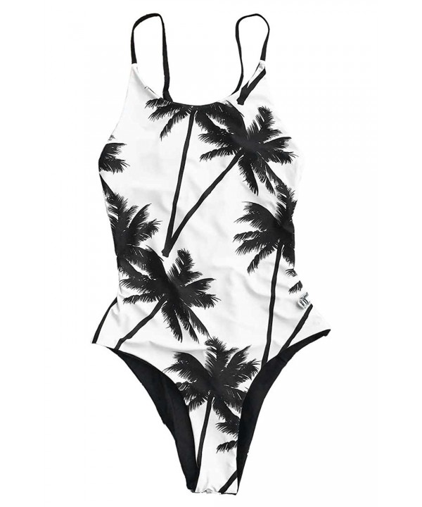 Women's Cute Coconut Palm Floral Black White One-Piece Summer Beach ...