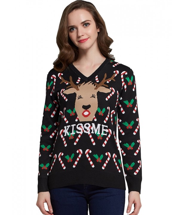 Women's Fun Reindeer Pullover Ugly Christmas Sweater - Black 1 ...