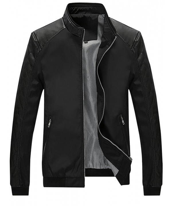 Men's Casual Stand Colar Slim Leather Sleeve Bomber Jacket - Black ...