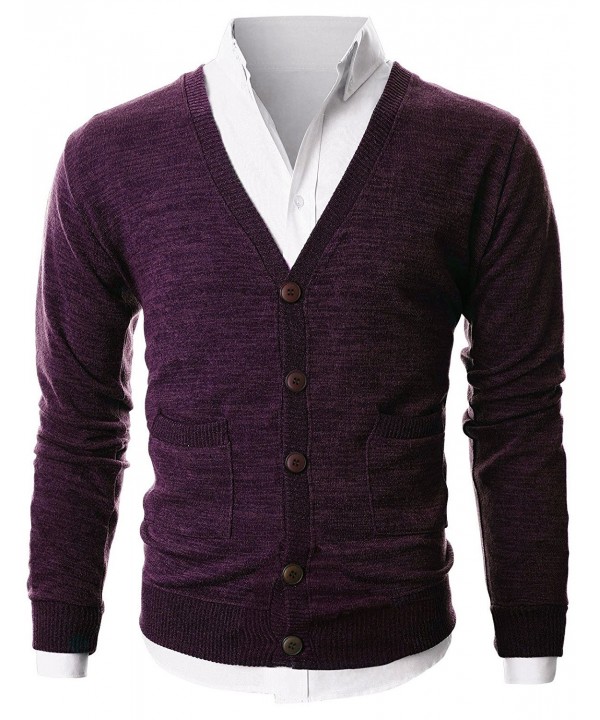 Mens Slim Fit Ribbed Knit Cardigan With Pockets - Purple - CP12O7YADV9