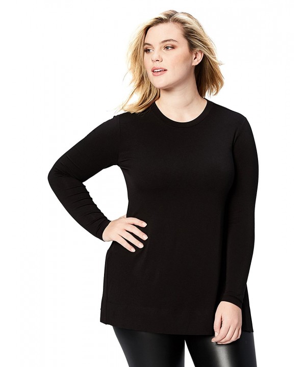 Women's Plus Size Long-Sleeve Split-Hem Tunic - Black - C3186Y87YZ0