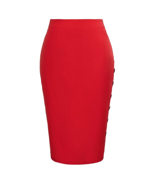 Women Bodycon Stretchy Pencil Skirt With Button - Red - C3180ET3E49