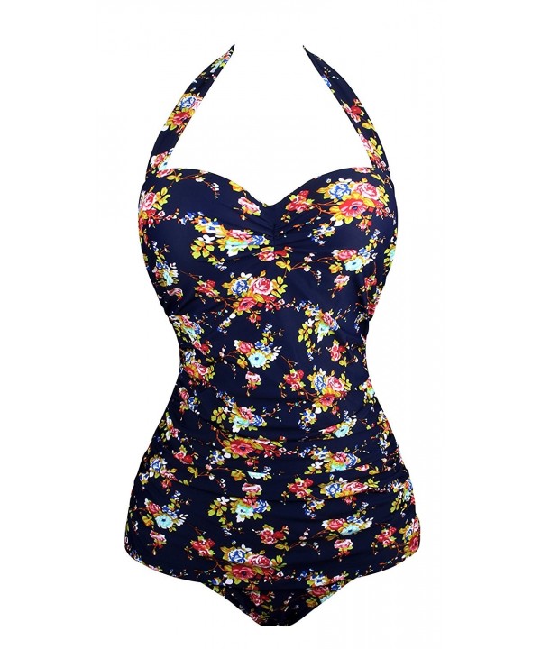 Womens Vintage 50s Swimsuit One Piece Bathing Suit Navy Floral Cw17yliu65z