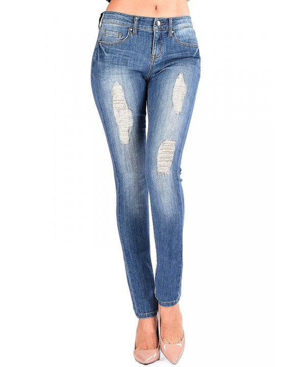 Women Slightly Distressed Straight Skinny Denim Jeans in Medium Wash ...