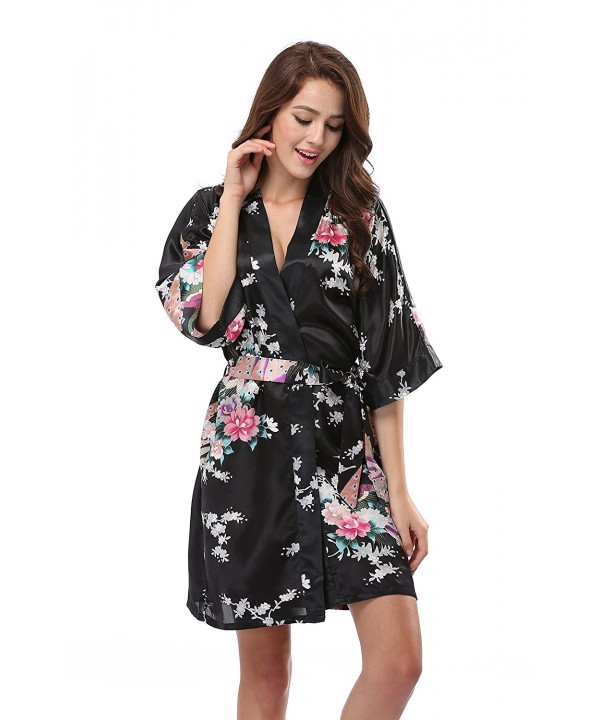 Women's Kimono Robe With Pockets- Peacock Design- Short - Black ...