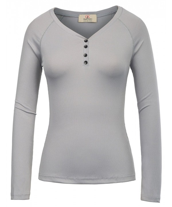 Womens Basic Casual Long Sleeve V Neck Thermal Henley T-Shirt - Grey ...