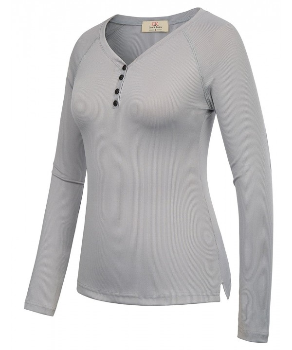 Womens Basic Casual Long Sleeve V Neck Thermal Henley T-Shirt - Grey ...
