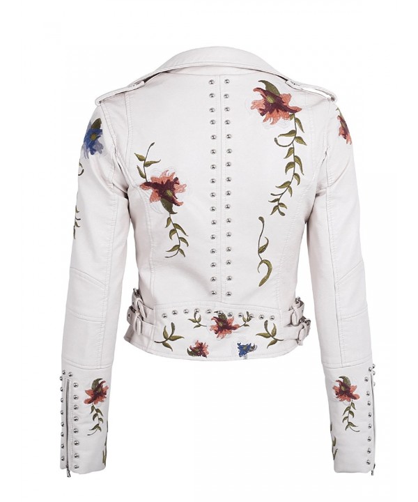 Women's Long Sleeves Faux Leather Zipper Jacket Coat Embroidery Floral ...