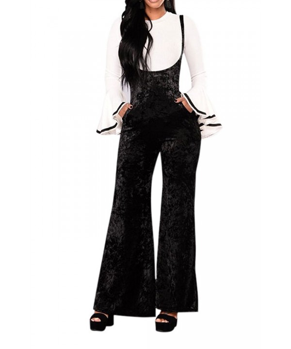 Women Velvet Straps High Waist Flare Suspenders Pant Bib Jumpsuit ...