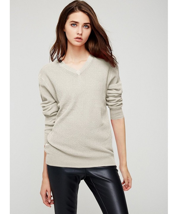 Women`s Sweater Pullover V-Neck Loose Long Sleeve Solid Knit Sweaters ...