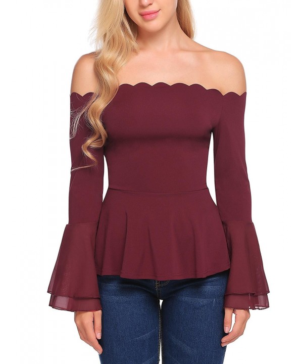 Women Off Shoulder Long Sleeve Flare Bottom Fitted Blouse Peplum Top ...