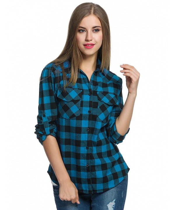 Women's Plaid Flannel Shirt- Roll Up Long Sleeve Checkered Cotton Shirt ...