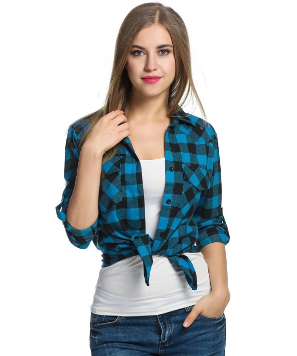 Women's Plaid Flannel Shirt- Roll Up Long Sleeve Checkered Cotton Shirt ...