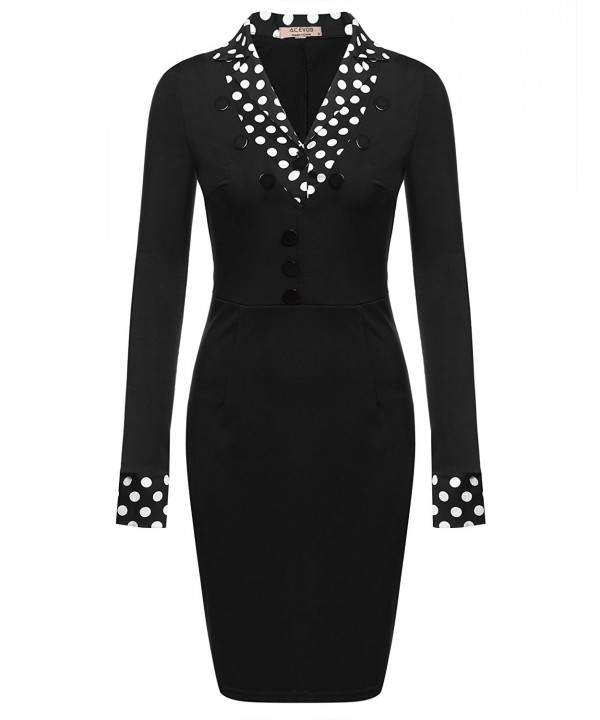 Women's Vintage Dot Patchwork Long Sleeve Turn-Down Collar Pencil Dress ...