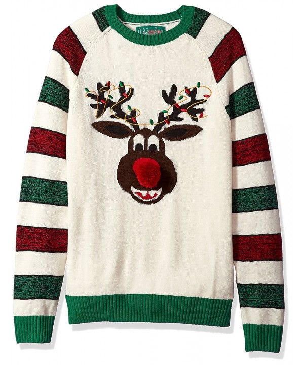 Ugly Christmas Sweater Men's Reindeer Face With Red Pom Nose - Cream ...