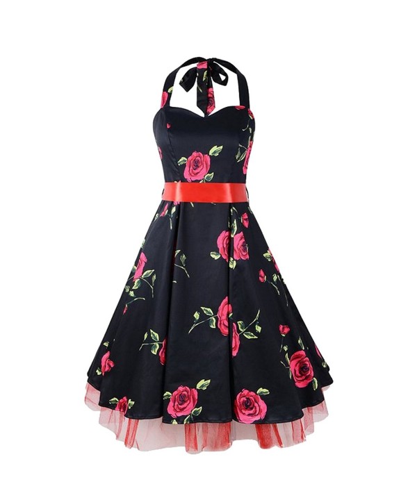 Women's Floral Print Strappy Halter 1950s Rockabilly Retro Party Dress ...