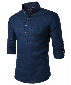 Men's Casual Sexy Henley Neck Linen Roll-up Long Sleeve Work Shirts ...