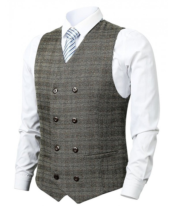 Men's Double Breasted Tweed Vest Business Suit Vest Slim Fit Wedding ...
