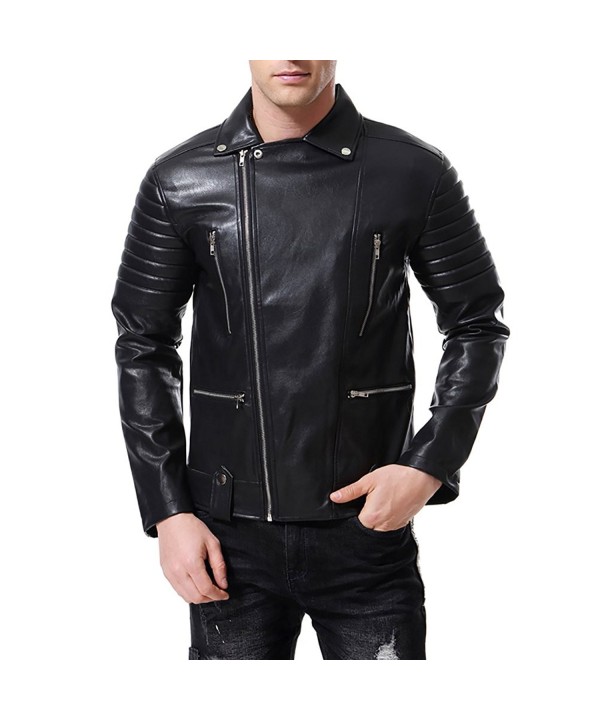 Men's Faux Leather Jacket Black Embossed Punk Motorcycle Coat Slim Fit ...