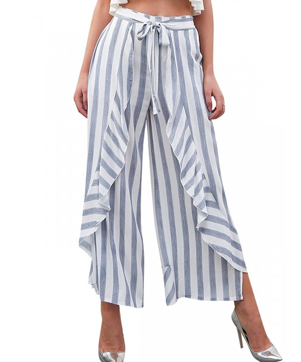 Women's Chiffon Stripe High Waist Split Wide Leg Trousers Loose Pants ...