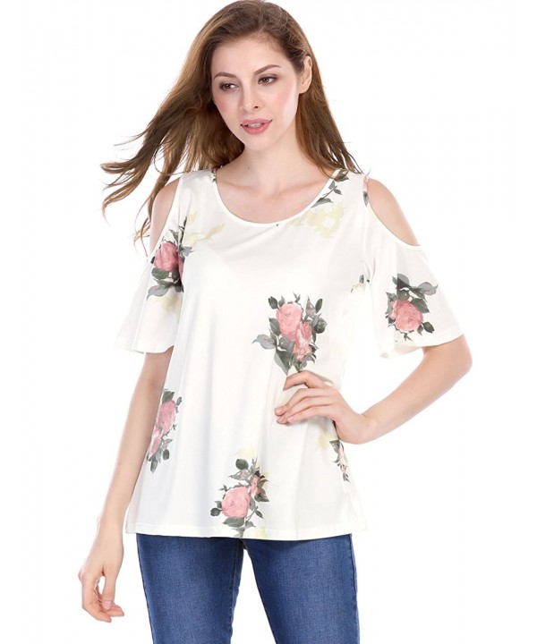 Women's Cold Shoulder Bell Sleeves Loose Floral Top - White - CL184ROO3UK