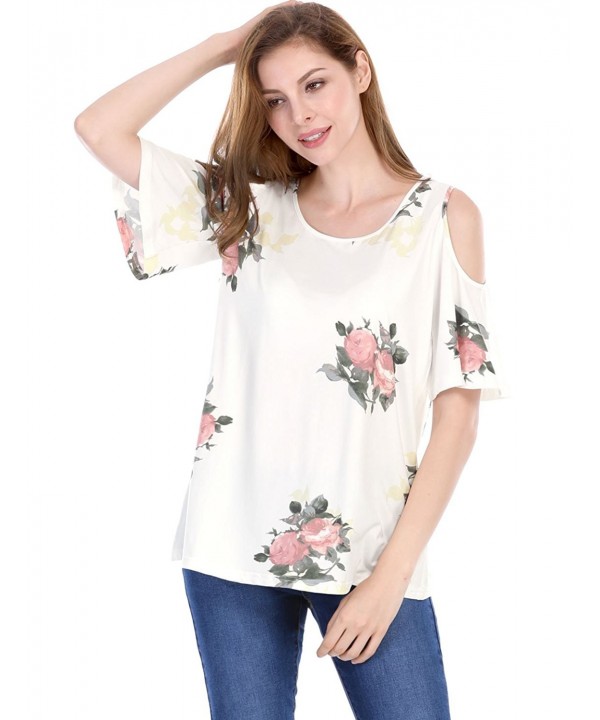 Women's Cold Shoulder Bell Sleeves Loose Floral Top - White - CL184ROO3UK