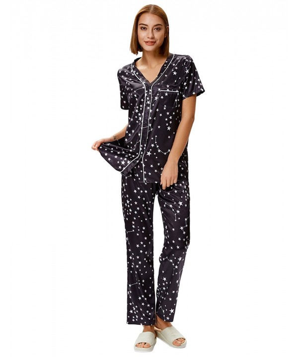 Women's Stars Print Satin Sleepwear Short Tops With Long Pants Pajama ...