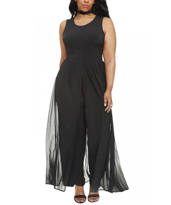 Women's Plus Size Sleeveless Long Pants Jumpsuit with Chiffon Overlay ...