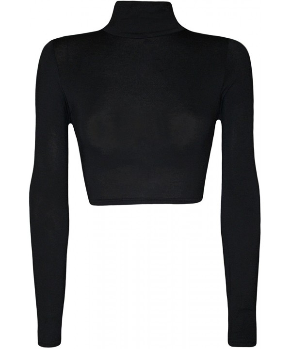 Womens Turtle Neck Crop Long Sleeve Plain Top-Thin Fabric - Black ...