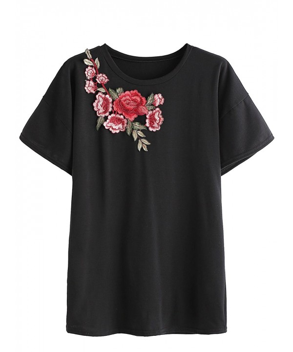 Floerns Womens Flower Embroidered T Shirt