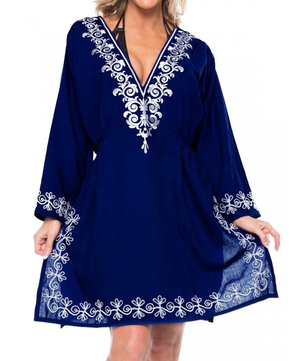 Gentle Rayon Embroidered Neck Women Tunic Bikini Cover ups Kimono Dress ...