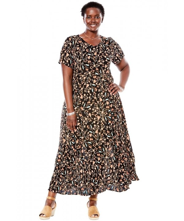 Women's Plus Size Petite Crinkle Maxi Dress - Black Floral Vine ...