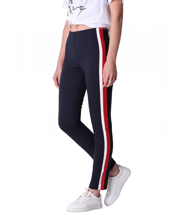 Women's Slim Fit Casual Pants New Contrast Color Faux Leather Stripe ...