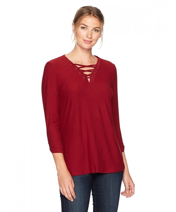 Women's 3/4 Shirred Sleeve Vneck Top Faux Lace up - Red - CJ183NYQZYL