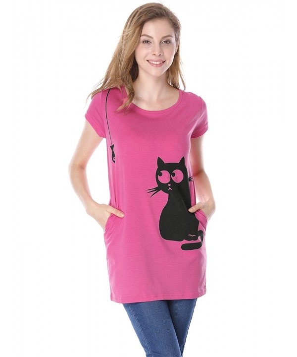 Women's Round Neck Short Sleeves Contrast Cartoon Cat Print Tunic Tops ...