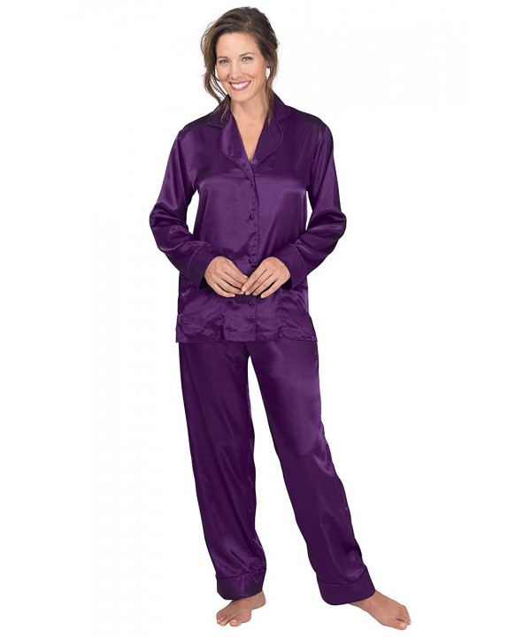 Women's Satin Pajamas with Button-Up Top and Pants - Purple - CV115ECCJ5F